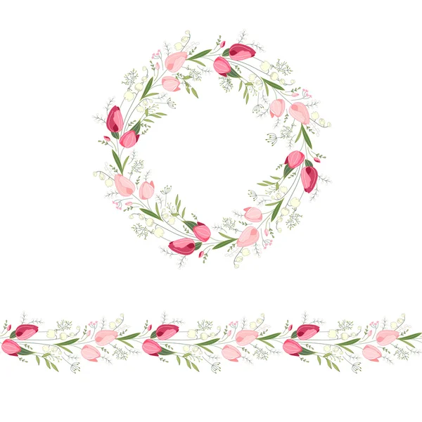 Floraler Rundkranz und endloser Pinsel aus roten und rosa Tulpen. Blumen für Romantik- und Osterdesign, Dekoration, Grußkarten, Poster, Hochzeitseinladungen, Werbung. — Stockvektor