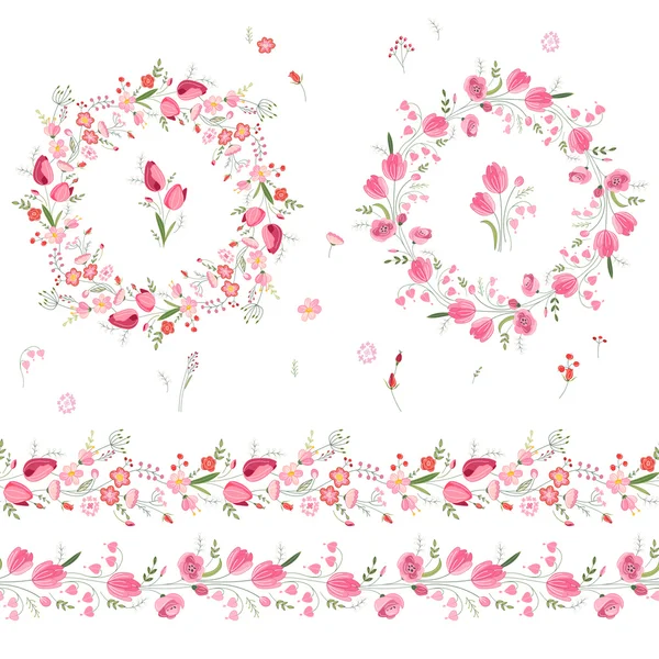 Two floral round garlands and endless pattern brushes made of tulips and roses. Flowers for romantic and easter design, decoration,  greeting cards, posters, wedding invitations, advertisement. — Stockvector