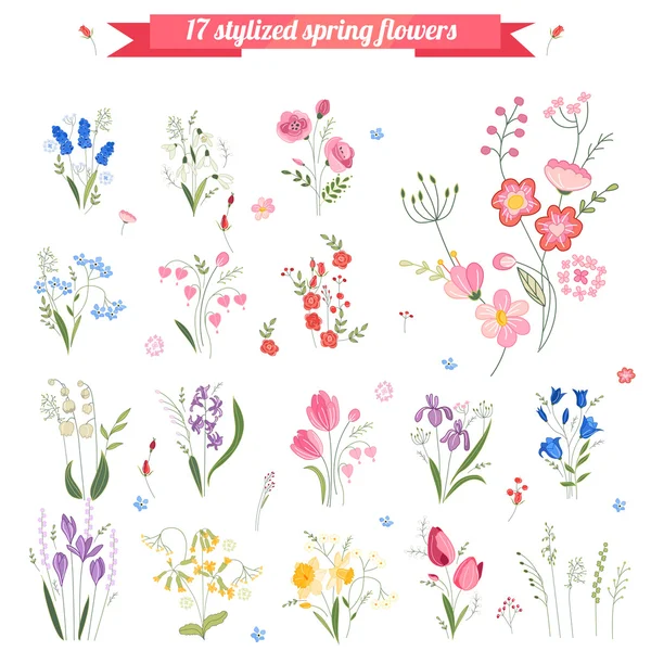 Collection of different stylized spring flowers.  Cute floral elements for your design, easter greeting cards, announcements, posters,advertisement. — Stockvector