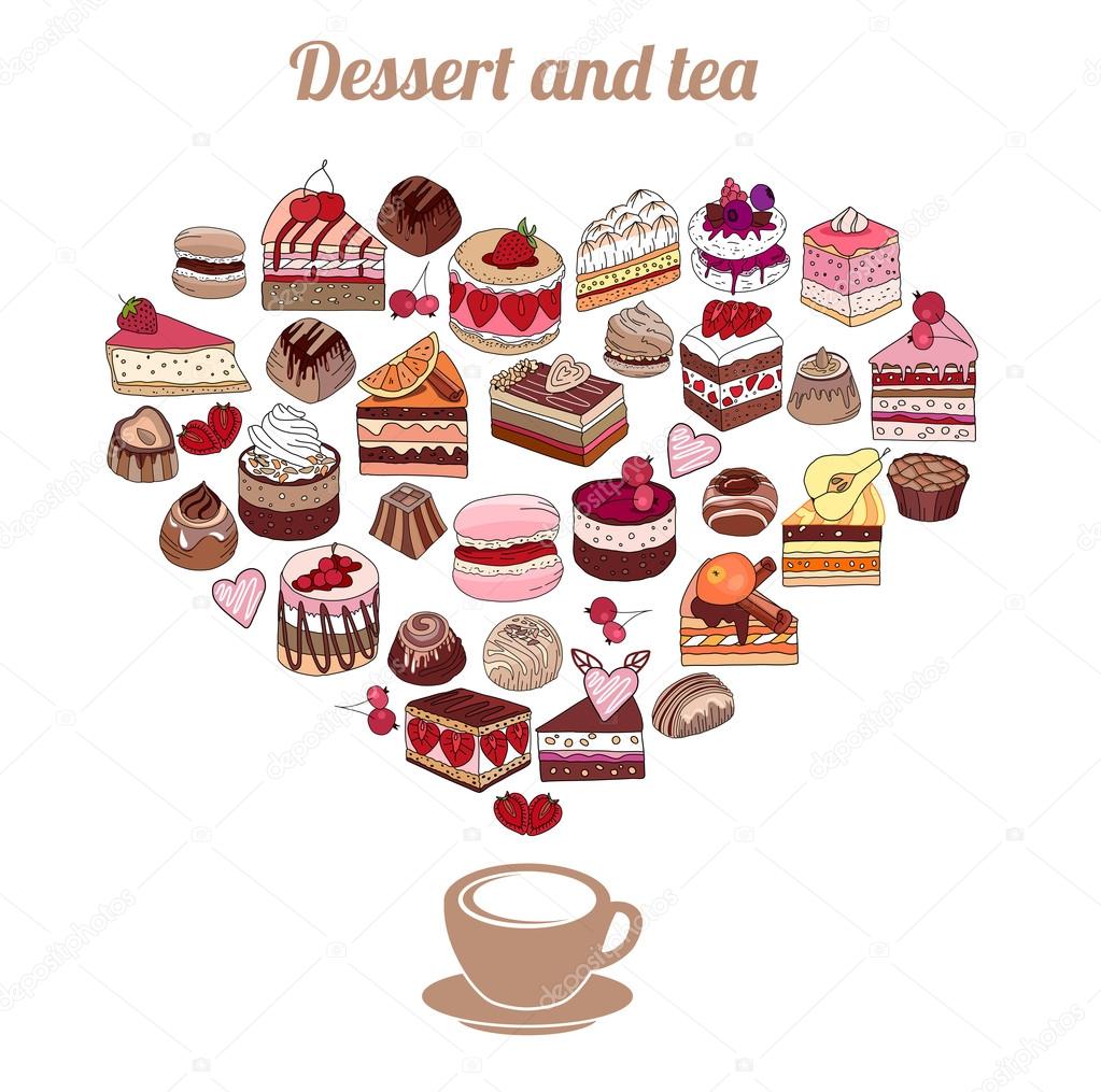 Symbol Heart made of different desserts. Cake, muffin, macaroon, pie, candy. For your design, announcements, postcards, posters, restaurant menu.