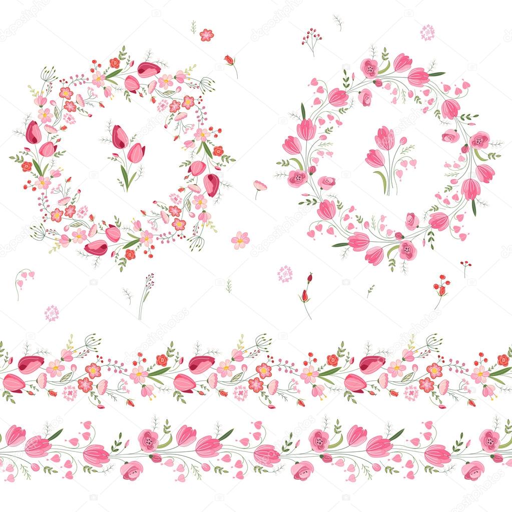 Two floral round garlands and endless pattern brushes made of tulips and roses. Flowers for romantic and easter design, decoration,  greeting cards, posters, wedding invitations, advertisement.
