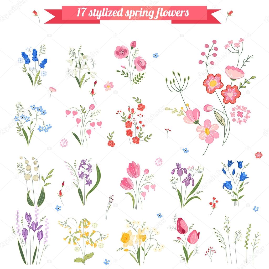 Collection of different stylized spring flowers.  Cute floral elements for your design, easter greeting cards, announcements, posters,advertisement.