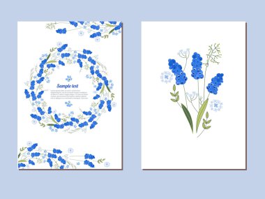 Floral spring templates with cute bunches of muscari. For romantic and easter design, announcements, greeting cards, posters, advertisement.