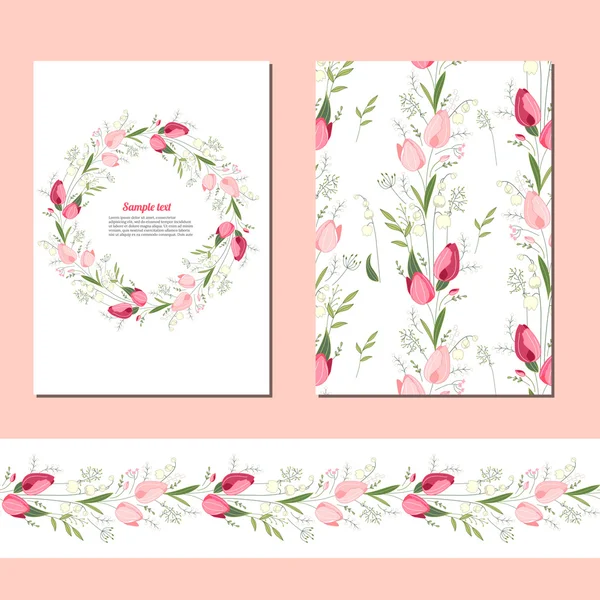 Plantillas florales de primavera con lindos racimos de tulipanes. Cepillo de patrón horizontal sin fin. Para el diseño romántico y de Pascua, anuncios, tarjetas de felicitación, carteles, publicidad . — Vector de stock