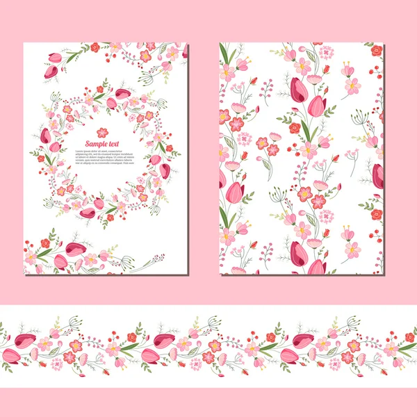 Floral spring templates with cute bunches of red tulips. Endless horizontal  pattern brush.  For romantic and easter design, announcements, greeting cards, posters, advertisement. — Stock Vector