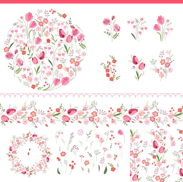 Elementos florales de primavera con lindos racimos de tulipanes y rosas. Cepillo de patrón horizontal sin fin. Para el diseño romántico y de Pascua, anuncios, tarjetas de felicitación, carteles, publicidad . — Vector de stock