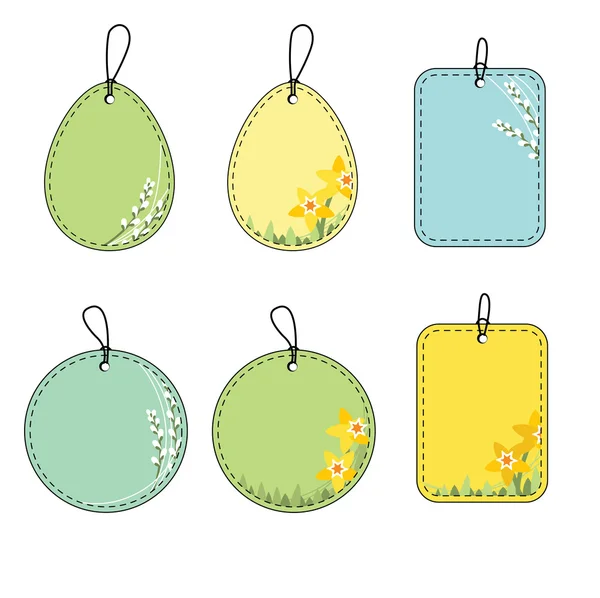 Set with floral easter tags. Daffodil and pussy willow — Stockvector