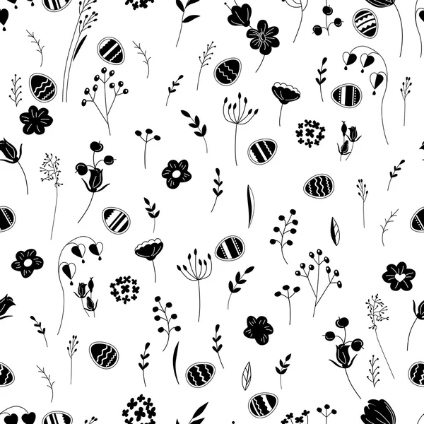 Stylized seamless pattern with contour  flowers and eggs. Black and white. Endless texture for your design, greeting cards, announcements, posters. — 스톡 벡터