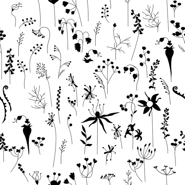 Stilisiertes nahtloses Muster mit konturierten Blüten. Schwarz-Weiß. Endlose Textur für Ihr Design, Grußkarten, Ankündigungen, Poster. — Stockvektor