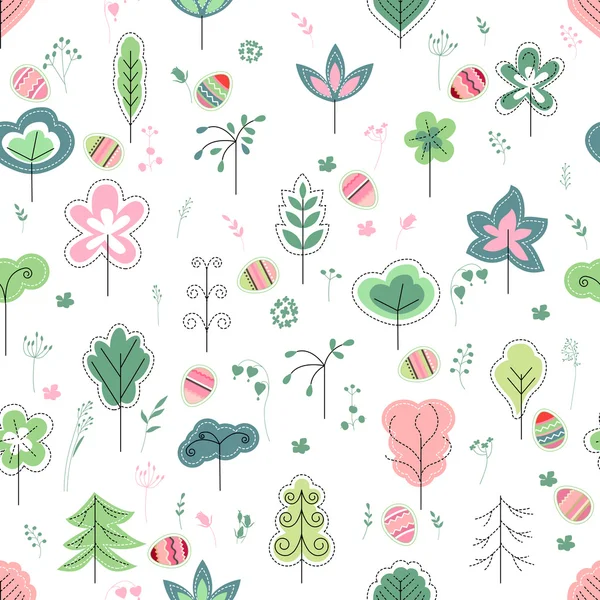 Seamless pretty pattern with stylized trees and easter eggs. Endless texture for your design, announcements, greeting cards, posters, advertisement. — Stockový vektor