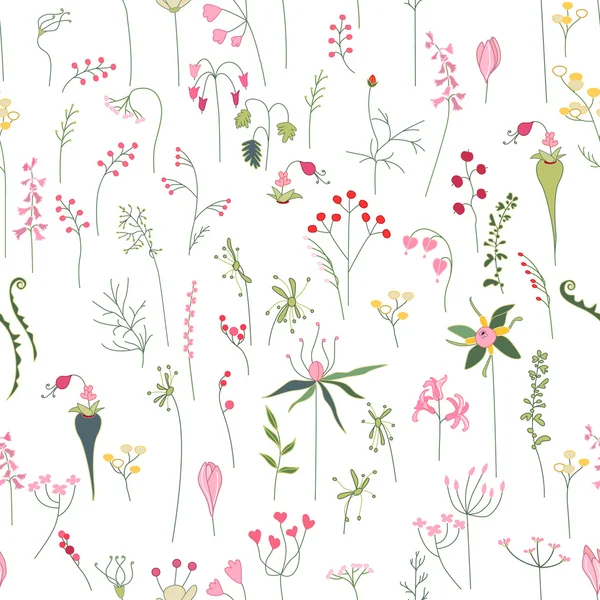 Nahtlos hübsches Muster mit stilisierten Waldblumen und Kräutern. Endlose Textur für Ihr Design, Ankündigungen, Grußkarten, Poster, Werbung. — Stockvektor