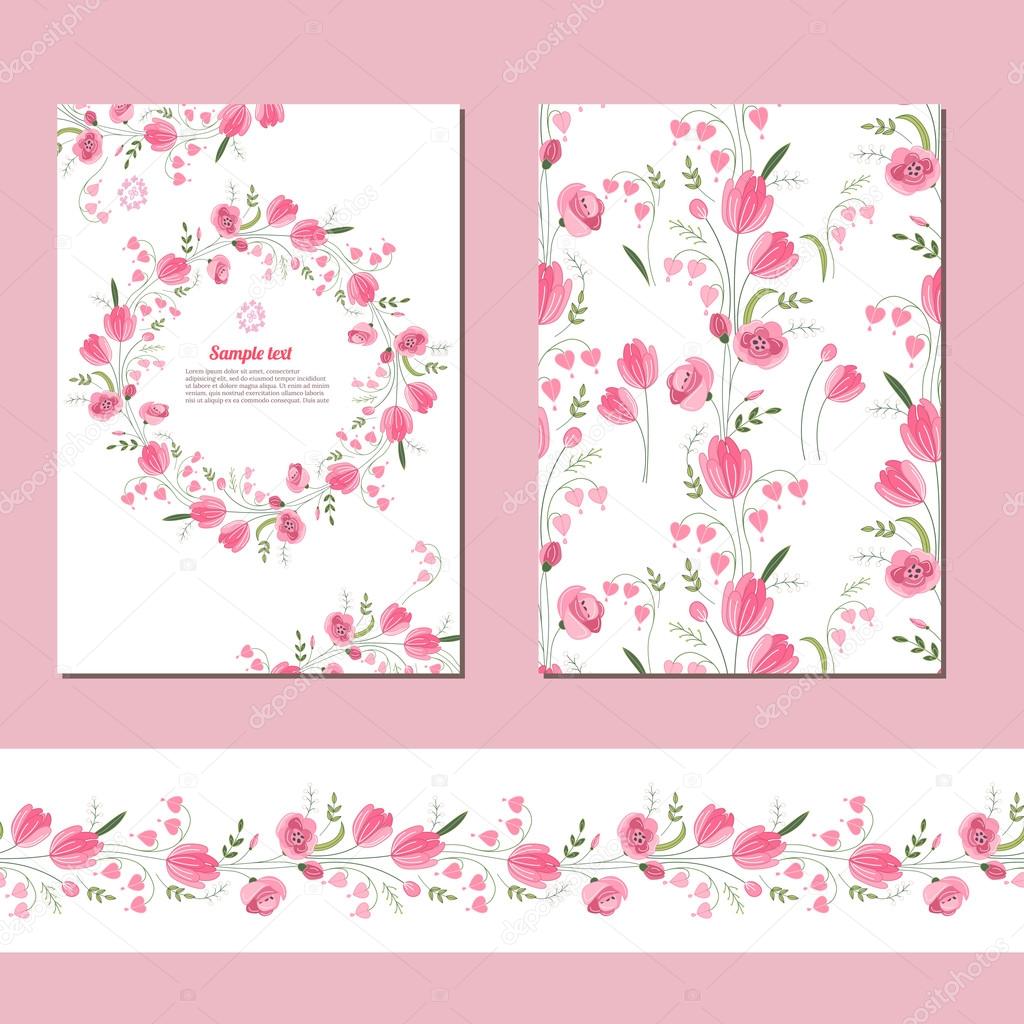 Floral spring templates with cute bunches of pink tulips. Endless horizontal  pattern brush.  For romantic and easter design, announcements, greeting cards, posters, advertisement.