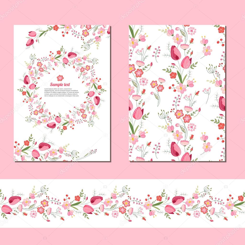 Floral spring templates with cute bunches of red tulips. Endless horizontal  pattern brush.  For romantic and easter design, announcements, greeting cards, posters, advertisement.