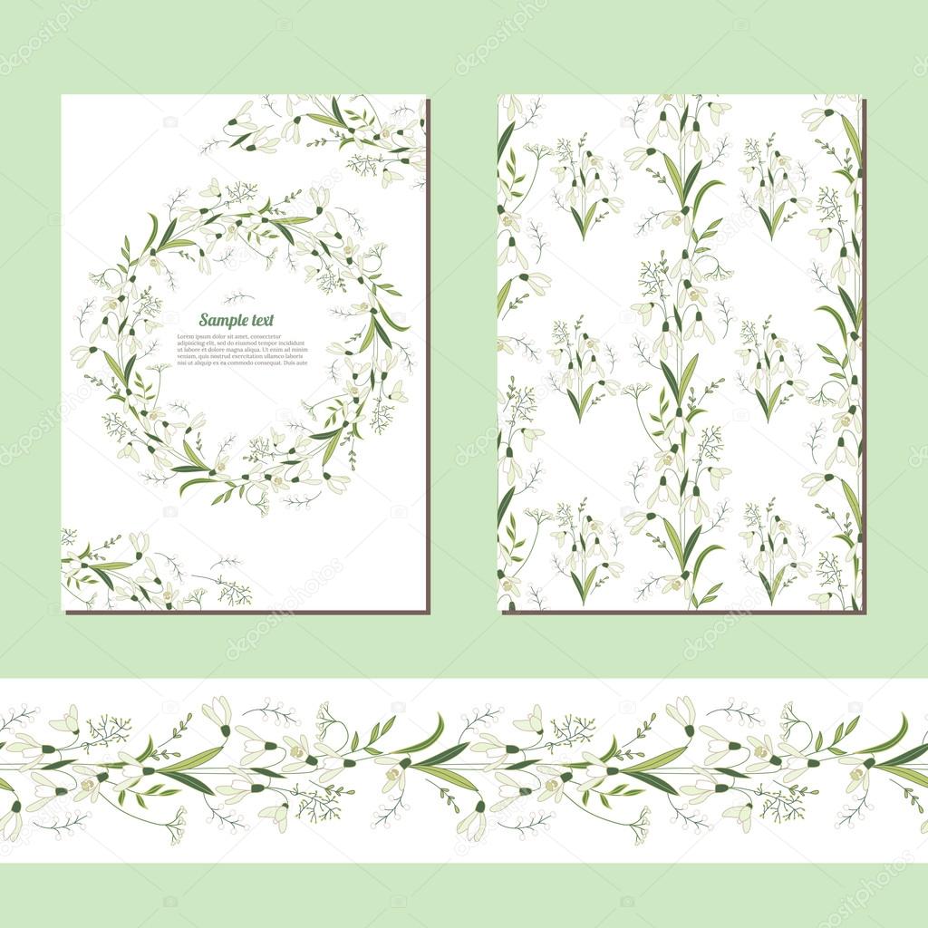 Floral spring templates with cute bunches of snowdrops. Endless horizontal  pattern brush. For romantic and easter design, announcements, greeting cards, posters, advertisement.