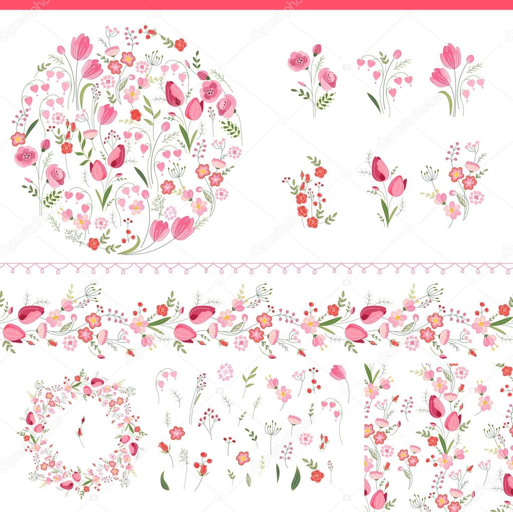 Floral spring elements with cute bunches of tulips and roses. Endless horizontal  pattern brush. For romantic and easter design, announcements, greeting cards, posters, advertisement.