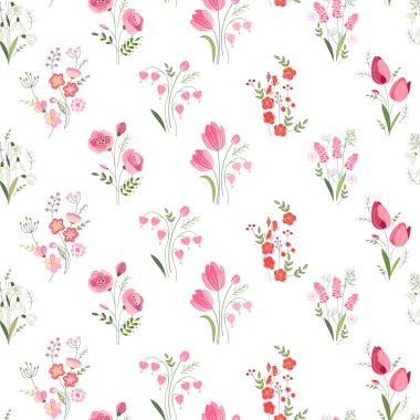 Seamless pattern with stylized cute flowers - roses, tulips and snowdrops.  Endless texture for your design, greeting cards, announcements, posters.