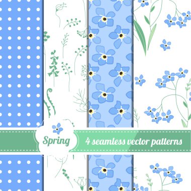 Set with four seamless spring patterns with blue flowers forget me nots. Collection of endless textures for your design, greeting cards, announcements, posters.