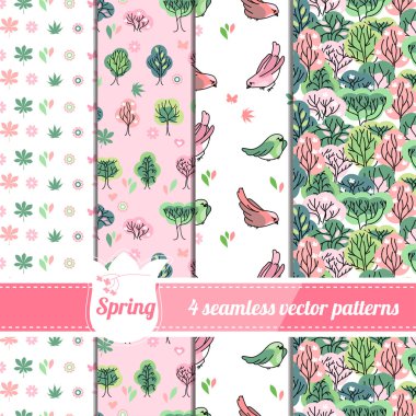 Collection of seamless patterns with stylized cute trees and birds. Endless texture for your design, announcements, greeting cards, posters, advertisement.