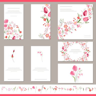 Floral spring templates with cute bunches of red tulips. Endless horizontal pattern brush. For romantic and easter design, announcements, greeting cards, posters, advertisement.