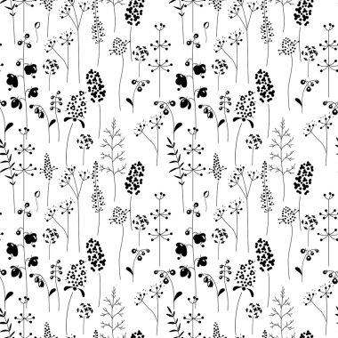 Stilize otlar ve bitkiler ile Seamless modeli. Siyah ve beyaz siluet. Sonsuz doku tasarım, romantik tebrik kartları, Duyurular, kumaşlar için.