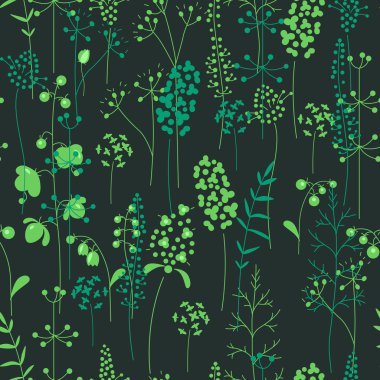 Stilize otlar ve bitkiler ile Seamless modeli. Siyah ve beyaz siluet. Sonsuz doku tasarım, romantik tebrik kartları, Duyurular, kumaşlar için.