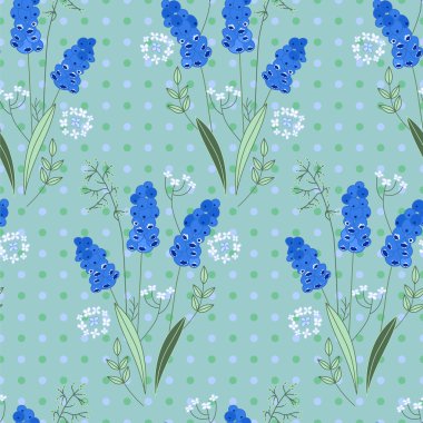 Stilize sevimli mavi muscari ile Seamless modeli. Tasarım, tebrik kartları, Duyurular, posterler için sonsuz doku.