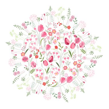 Floral spring template with cute bunches of tulips. For romantic and easter design, announcements, greeting cards, posters, advertisement.