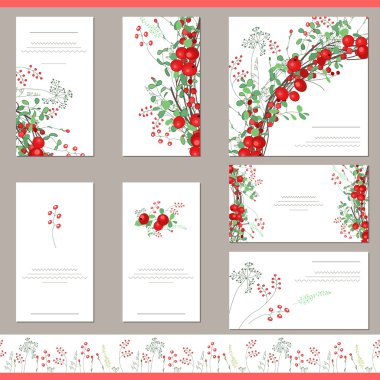 Floral templates with red berries. Endless horizontal pattern brush with growing plants. For romantic and summer design, announcements, greeting cards, posters, advertisement.