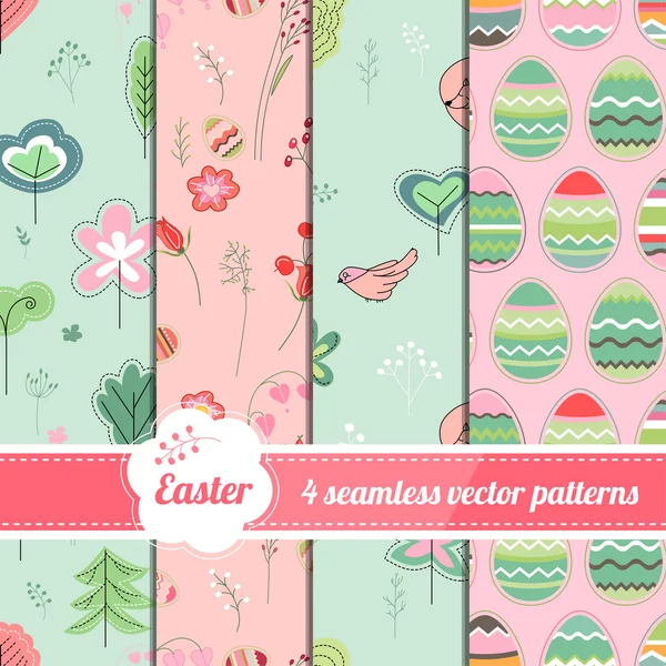 Collection of seamless patterns with stylized cute trees,eggs and birds. Endless easter texture for your design, announcements, greeting cards, posters, advertisement. — 스톡 벡터