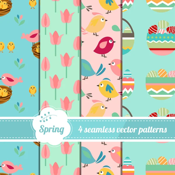 Collection of seamless patterns with stylized cute trees,eggs and birds. Endless easter texture for your design, announcements, greeting cards, posters, advertisement. — Wektor stockowy