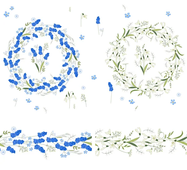 Zwei florale runde Girlanden und endlose Musterpinsel aus Muscari und Schneeglöckchen. Blumen für Romantik und Osterdesign, Dekoration, Grußkarten, Poster, Werbung. — Stockvektor