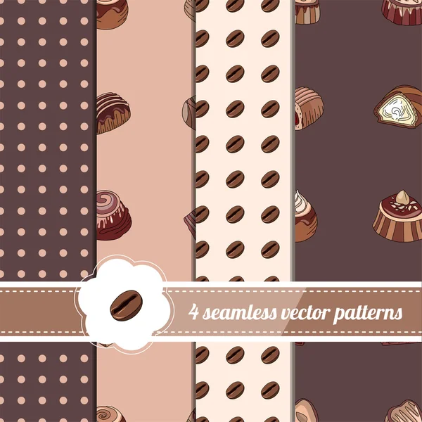 Collection of seamless patterns with stylized chocolate candies. Endless texture for your design, announcements, greeting cards, posters, advertisement. — Stock Vector