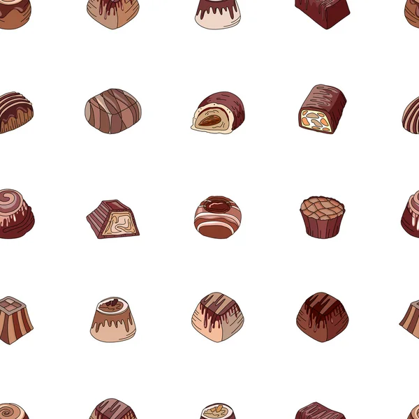 Seamless pattern with different kinds of chocolate candies - milk,dark,white chocolate. Objects on white. Endless texture for your design, announcements, cards, posters, restaurant menu. — Wektor stockowy