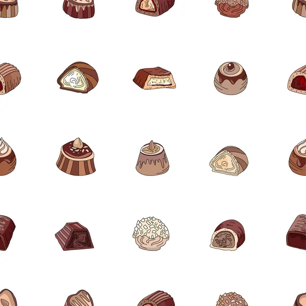 Modèle sans couture avec différents types de bonbons au chocolat lait, noir, chocolat blanc. Objets sur blanc. Texture infinie pour votre design, annonces, cartes, affiches, menu restaurant . — Image vectorielle