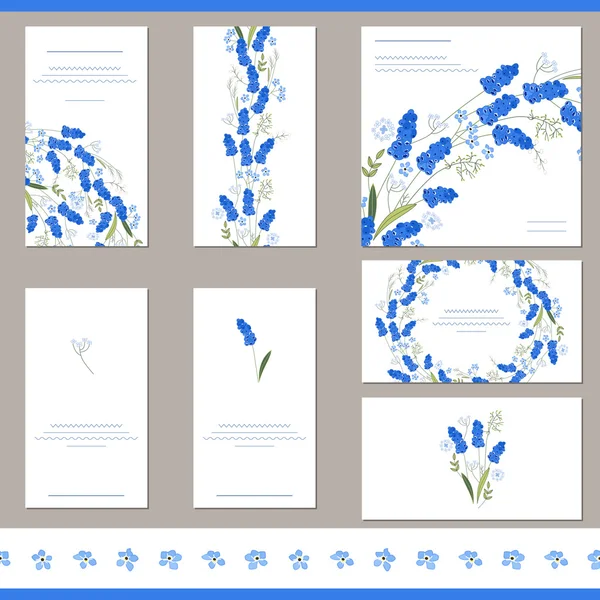 Floral spring templates with cute bunches of muscari. For romantic and easter design, announcements, greeting cards, posters, advertisement. — Διανυσματικό Αρχείο