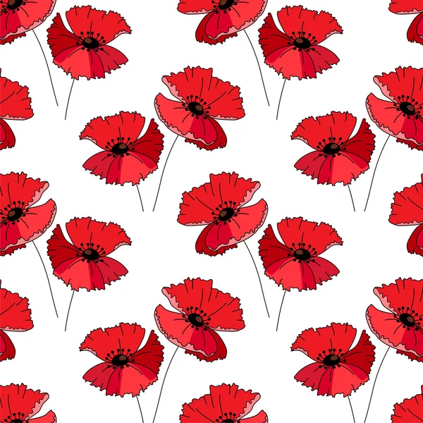 Seamless pattern with stylized cute red poppie.  Endless texture for your summer design, fabrics, greeting cards, announcements, posters. — Stock vektor