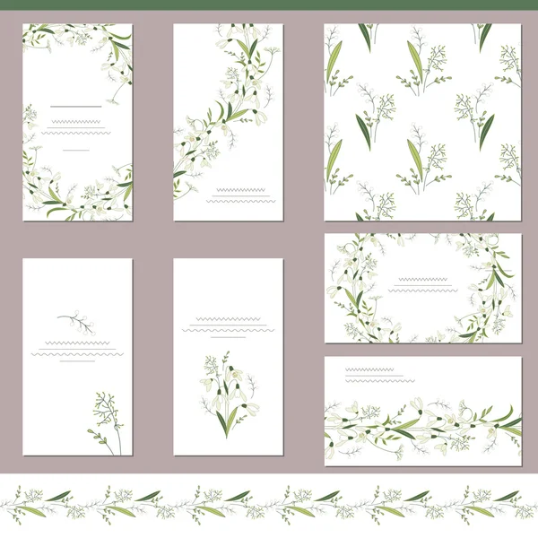 Plantillas de primavera floral con lindas gotas de nieve. Cepillo de patrón horizontal sin fin. Para el diseño romántico y de Pascua, anuncios, tarjetas de felicitación, carteles, publicidad . — Vector de stock