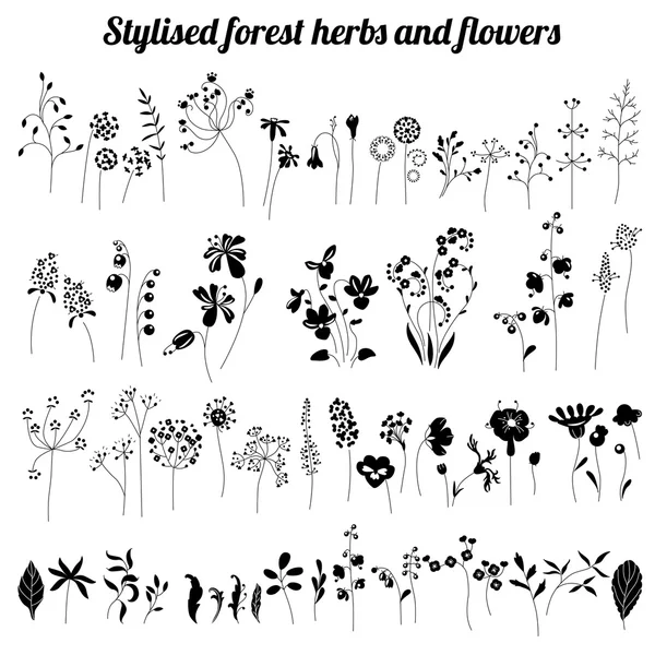 Collection of stylized herbs and plants.  Black and white silhouette. Pattern for your design, romantic greeting cards, announcements, posters. — Stockvector