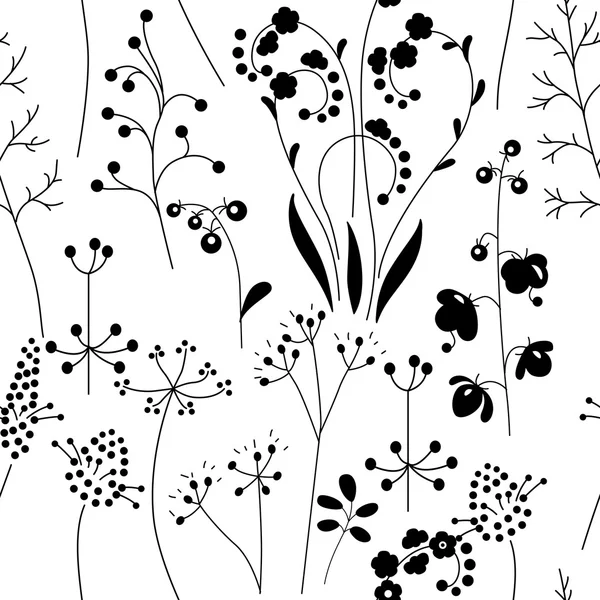 Modèle sans couture avec des herbes et des plantes stylisées. Silhouette noire et blanche. Texture infinie pour votre design, cartes de vœux romantiques, annonces, tissus . — Image vectorielle