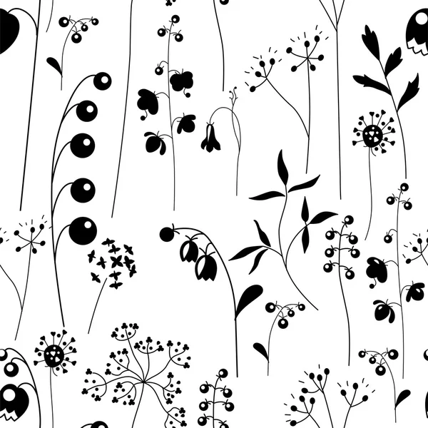 Бесшовный узор со стилизованными травами и растениями. Черно-белый силуэт. Бесконечная текстура для Вашего дизайна, романтические открытки, объявления, ткани . — стоковый вектор