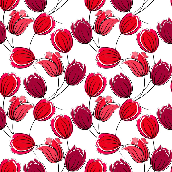 Seamless floral pattern with stylized tulips.  Red color. Endless texture for your design, romantic greeting cards, announcements, fabrics. — Stockový vektor