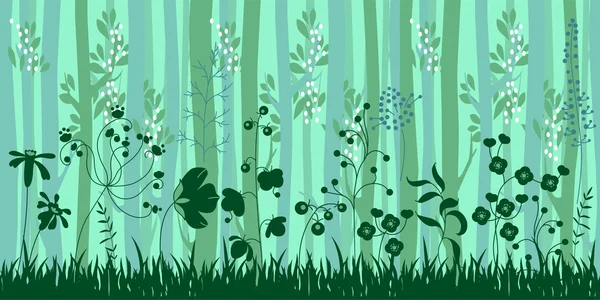 Nahtloses horizontales Muster mit Kräutern und Bäumen. endlose Musterbürste mit stilisiertem Wald — Stockvektor