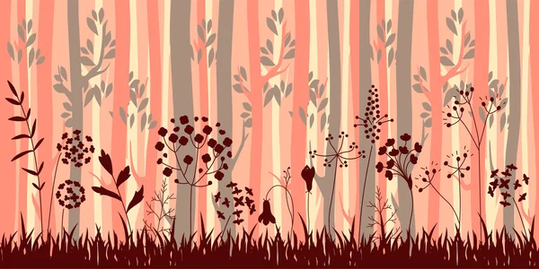 Seamless horizontal pattern with herbs and trees. Endless pattern brush with stylized forest — 스톡 벡터