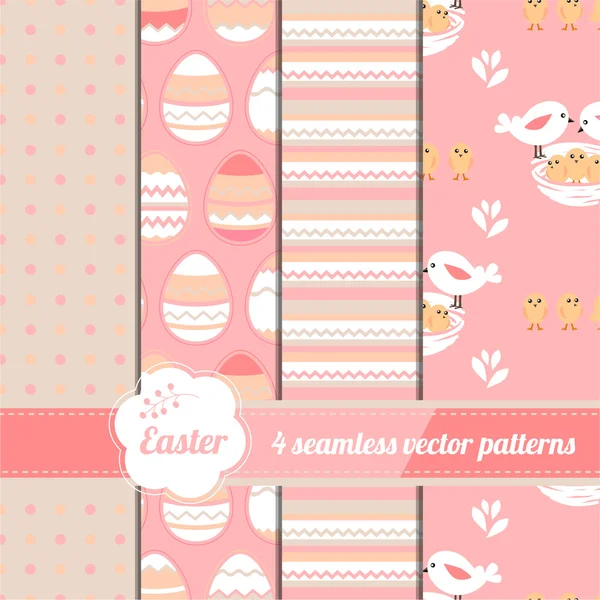 Collection of easter  seamless patterns with stylized cute eggs and birds. Endless texture for your design, announcements, greeting cards, posters, advertisement. — Stockový vektor