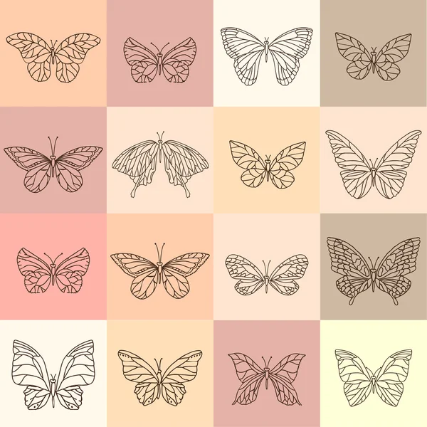 Set with different butterflies. Contour, vintage style — Stock Vector