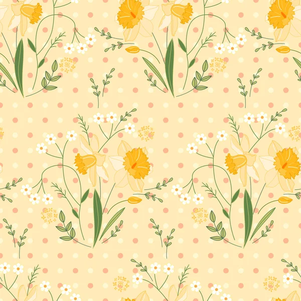 Seamless pattern with stylized cute yellow daffodils.  Endless texture for your design, greeting cards, announcements, posters. — Stock Vector