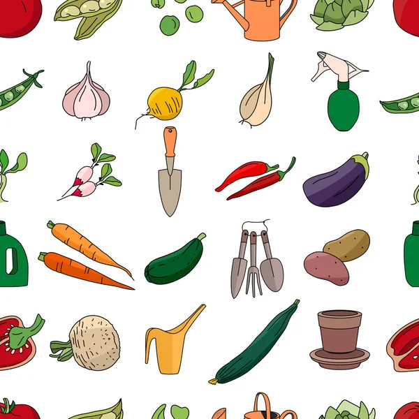 Wzór z różnych warzyw i narzędzia ogrodowe. Niekończące się tekstury dla projektowania, ogłoszenia, pocztówki, plakaty, reklamówki. — Wektor stockowy