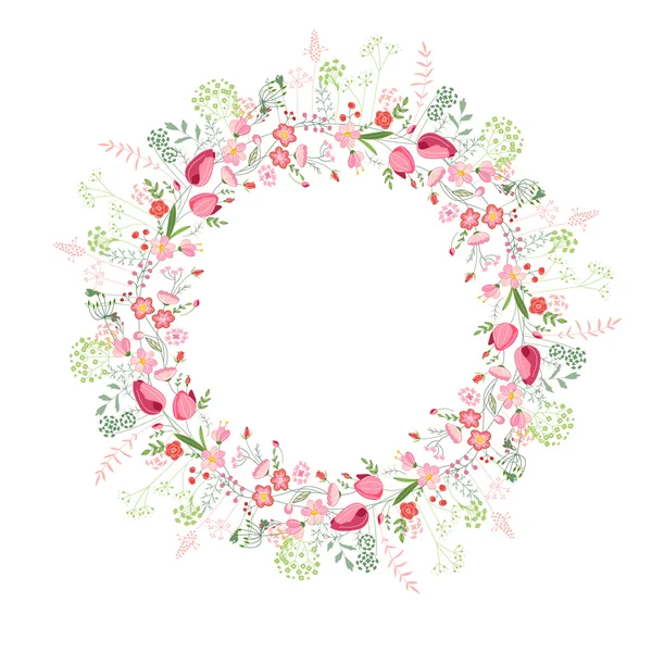 Round frame with contour tulips and stylized roses on white — Stockvector