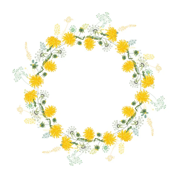 Round frame with contour dandelions and herbs on white — Stockvector