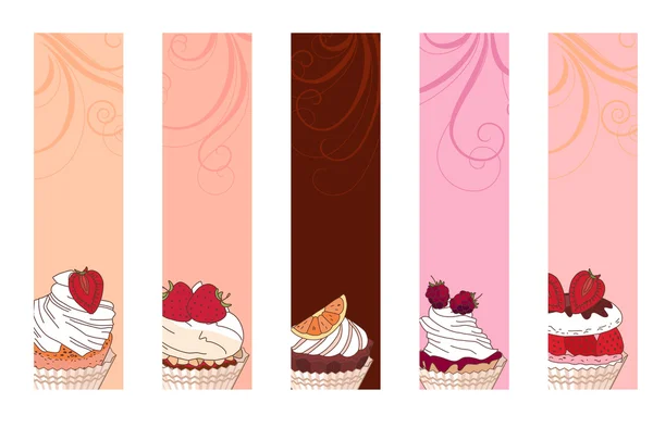 Bannières avec différents desserts aux fruits. Pour votre design, annonces, affiches, menu restaurant . — Image vectorielle